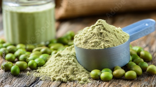 Green pea protein powder with fresh green peas scattered around, highlighting a nutritious supplement choice for health-conscious eating and plant-based diets.