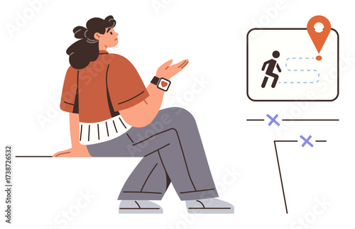 Woman sits thoughtfully, gesturing toward a navigation map with a walking route and destination icon. Ideal for travel, route planning, modern technology, navigation, exploration, decision-making