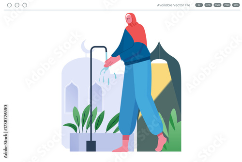 A woman in a hijab washes her hands at a faucet outside a mosque