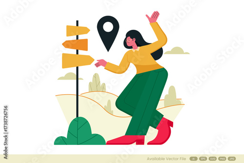 A woman stands at a directional signpost with a map marker symbol above