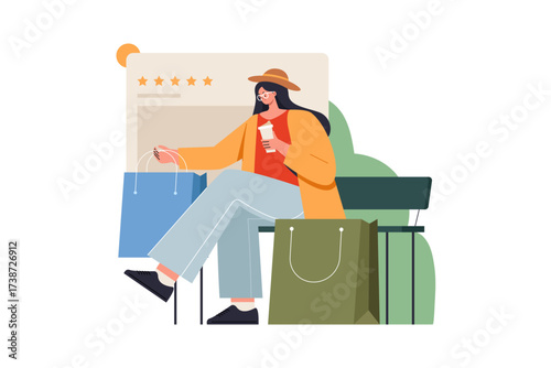A woman with shopping bags holds a coffee and sits on a bench