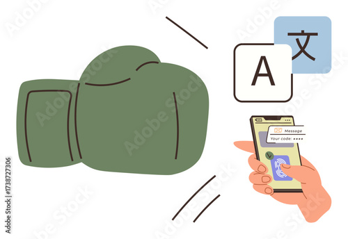 Boxing glove colliding with translation icons and mobile phone showing fingerprint ID. Ideal for conflict, technology, security, language barriers, communication, mobile apps, metaphorical battles