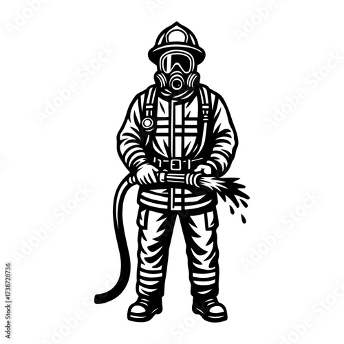 Black and white vector illustration of a firefighter in full gear holding a hose with water. Heroic line art style.