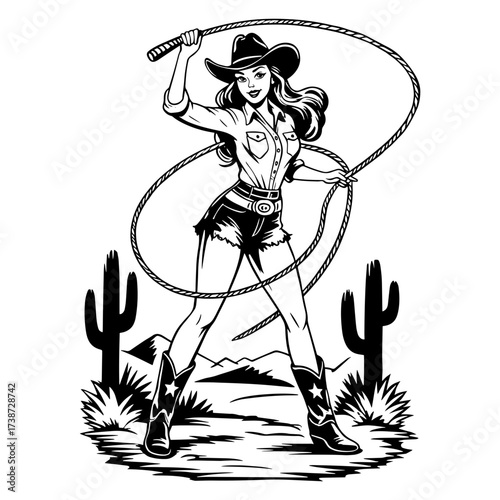 Black silhouette of a retro cowgirl in hat holding a lasso, western style vector illustration.