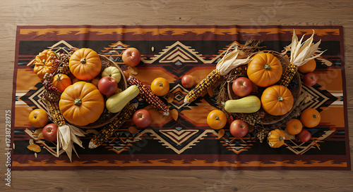 Overhead Fall Harvest Table Decor with Pumpkins, Apples, and Corn on Southwestern Runner