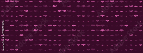 Seamless pattern of flying bats in varying shades of pink and purple on a dark background, perfect for Halloween designs and spooky themes