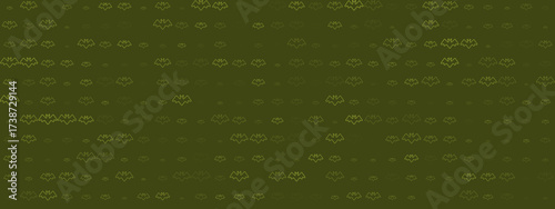 Seamless pattern of stylized bat outlines in varying shades of yellow-green on a dark olive background, perfect for Halloween or nocturnal themes
