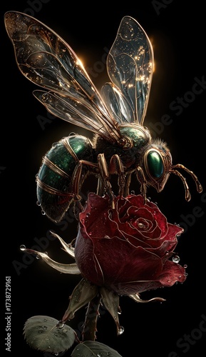 A jewel-toned bee rests upon a dark red rose with ethereal wings, against a black backdrop