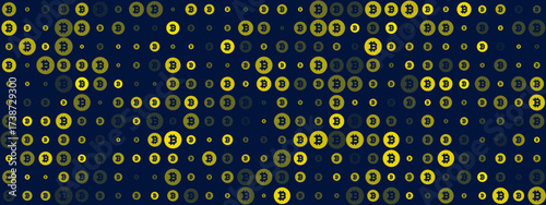 Abstract digital pattern of Bitcoin cryptocurrency symbols in varying sizes and opacities on a dark blue background, representing blockchain technology and financial innovation.