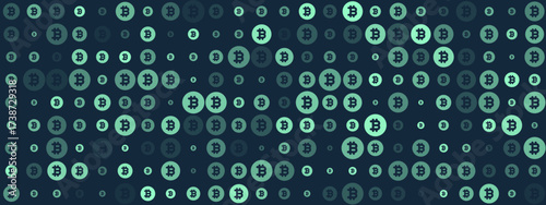 Abstract pattern of varying sized Bitcoin cryptocurrency symbols in shades of green on a dark digital background, representing blockchain technology and finance.