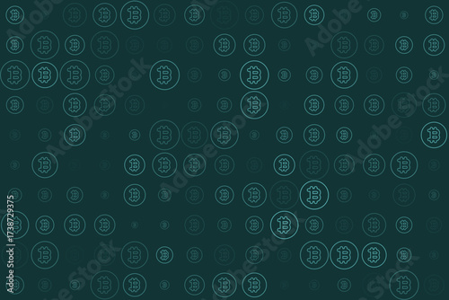 Dynamic seamless pattern of glowing Bitcoin cryptocurrency symbols on a deep teal background, representing digital finance and blockchain innovation.
