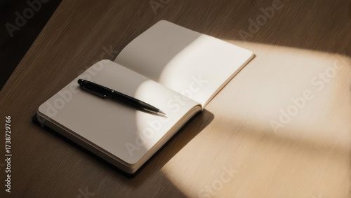 Open Notebook with Pen Bathed in Warm Sunlight on a Wooden Table.