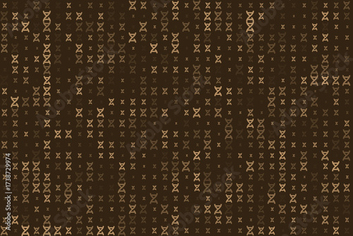 Abstract seamless pattern with DNA helix symbols in varying brown tones, representing genetic code and scientific research background.