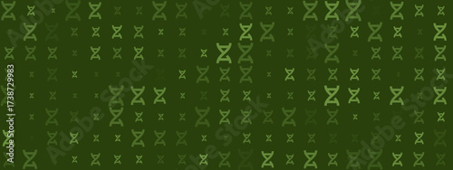 Abstract green DNA helix pattern background with varying sizes and opacities, symbolizing genetics, science, and biotechnology.