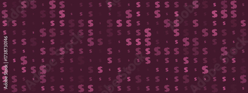 Abstract digital pattern of dollar signs in varying shades of purple and pink, representing finance, wealth, and economic prosperity.