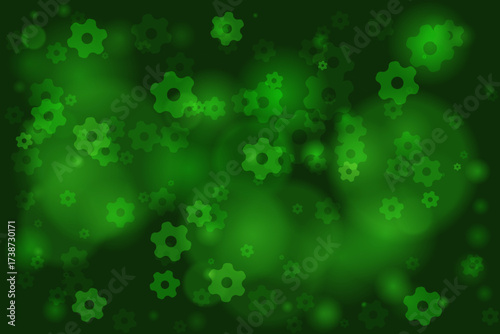 Abstract green background with various sizes of interconnected gear shapes and translucent circles, representing technology, industry, and digital processes.