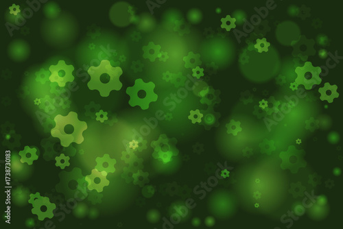 Modern abstract green background with mechanical gear shapes and soft bokeh lights, symbolizing innovation and connection in a digital world.