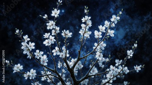 a tree in full bloom with white flowers, set against a deep blue background that resembles a starry night sky. 