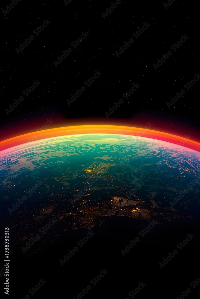 Obraz premium Earth Horizon at Sunrise from Space Showing Glowing Atmosphere, Planet Curvature, City Lights, and Cosmic Darkness Viewed from Orbit 
