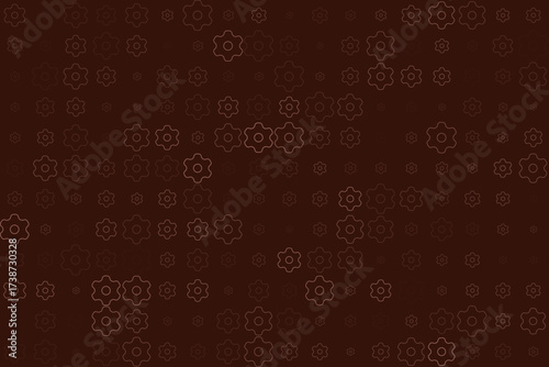 Seamless pattern of outlined gears on a dark brown background, representing technology, industry, and mechanical processes.