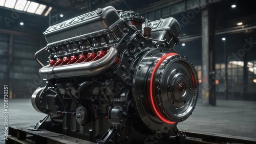 Powerful V12 Engine Displayed in Industrial Warehouse Setting.