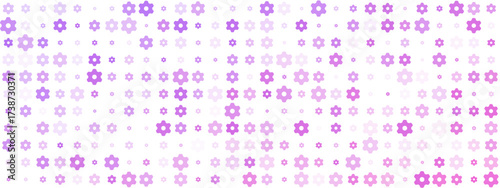 Abstract seamless pattern with purple and pink geometric shapes resembling gears or stylized flowers on a white background, varying in size and opacity.