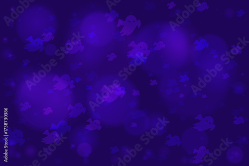 Spooky Halloween background with numerous cartoon ghosts floating in a dark blue and purple ethereal atmosphere, perfect for festive designs and decorations.