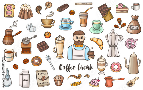 An assortment of coffeerelated items and sweets arranged on a white background