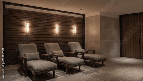 Relaxing Spa Lounge with Comfortable Chairs and Ambient Lighting.