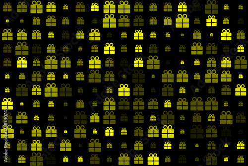 Seamless pattern of stylized yellow and green gift boxes on a black background, perfect for festive celebrations and holiday designs.