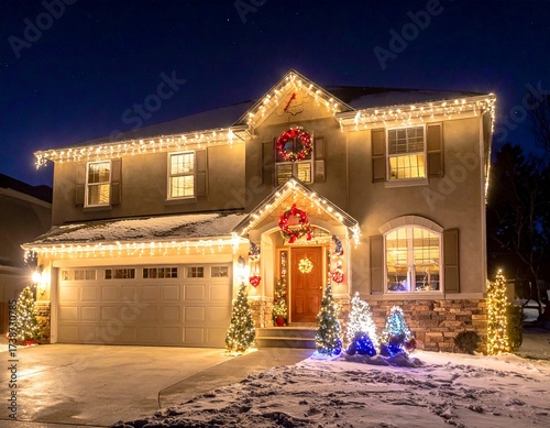 House Decorated with Christmas Lights at Night