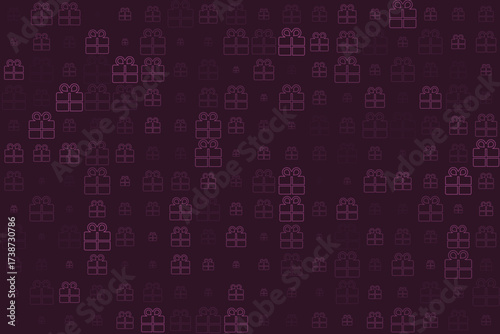 Seamless pattern of pink outline gift boxes on a dark purple background, perfect for festive designs, holidays, and celebrations.