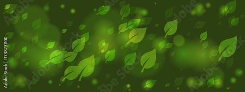 Abstract green background with floating leaves and soft bokeh lights, representing nature, growth, and environmental freshness.