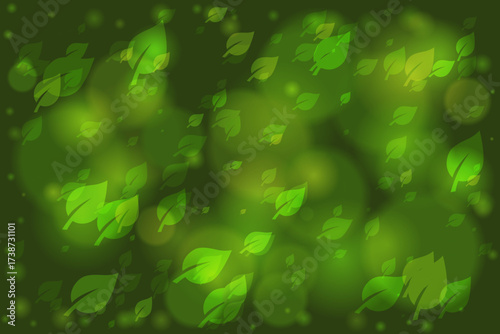 Vibrant green abstract background with floating translucent leaves and soft bokeh light effects, symbolizing nature, growth, and freshness.