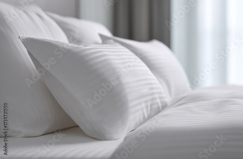 Close-up of pristine white bedding, pillows, and sheets in a well-lit, soft-focus setting
