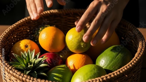 Hands Arranging Fresh Fruits in Wicker Basket, Sunlight, Close-Up