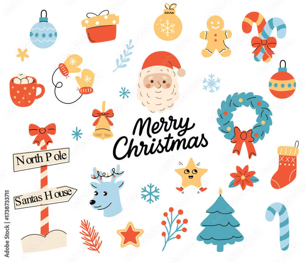 Fototapeta premium Merry Christmas Clipart Set Vector Illustration Holiday Elements