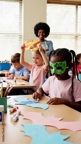 Diverse elementary school children engaging in a creative art class, making colorful halloween decorations like paper bats and masks while their happy african american teacher supervises