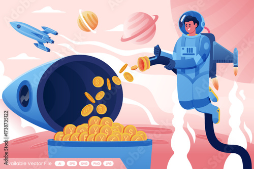 Astronaut in space suit shoots coins from a cannon into a rocket
