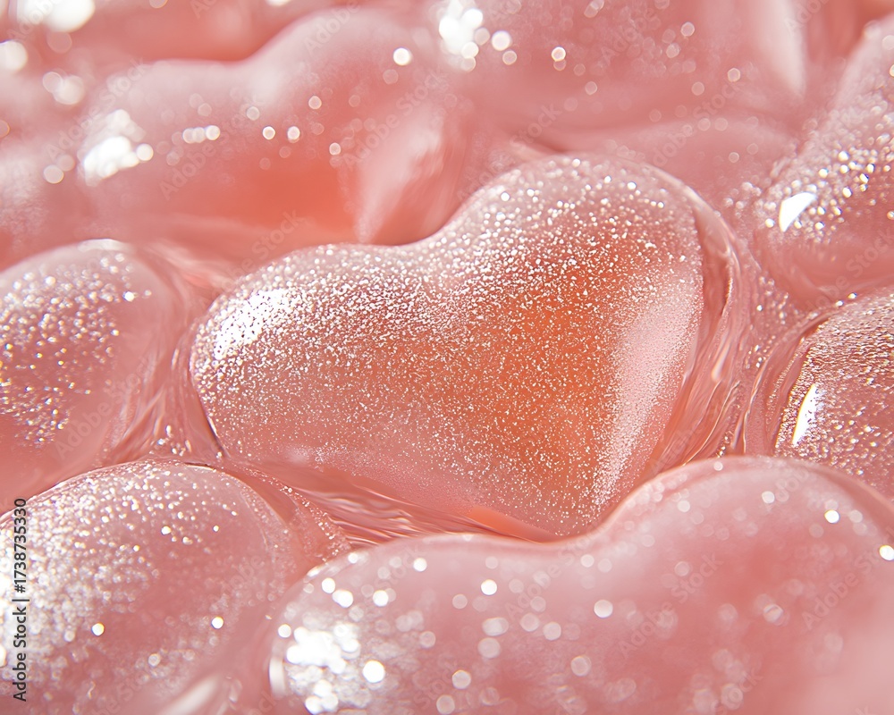 Fototapeta premium Sparkling pink heart jelly candies, sweet love theme concept design, close up