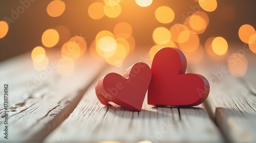 Romantic red hearts glowing softly on rustic wood for Valentines Day or a heartfelt anniversary celebration of love and devotion, perfect for greeting cards