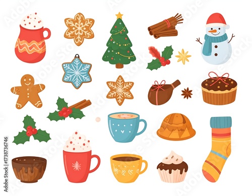 Festive Christmas collection of food and decorations