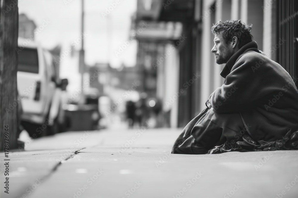 Obraz premium Man alone, sitting on a city street. The black and white photograph captures a quiet moment of contemplation in an urban setting.