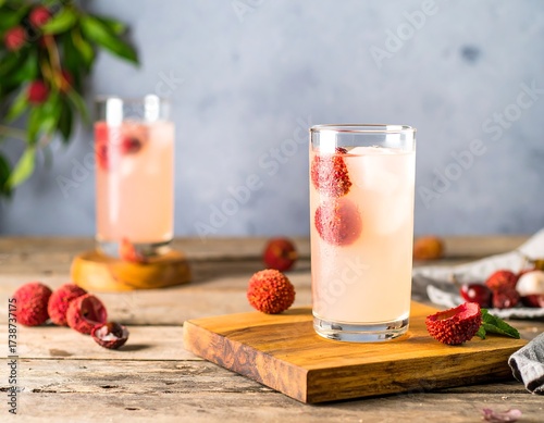 Refreshing lychee drink on rustic wooden table