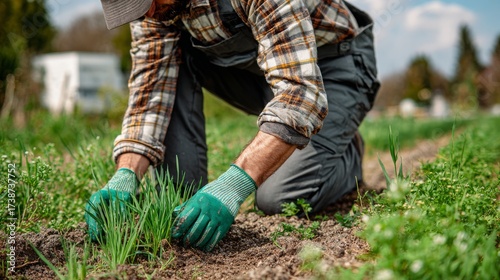 Man in green gloves checking quality of the soil on the farm Concept of farming growing plants and working on the ground Organic farming concept. Creative Banner. Copyspace image