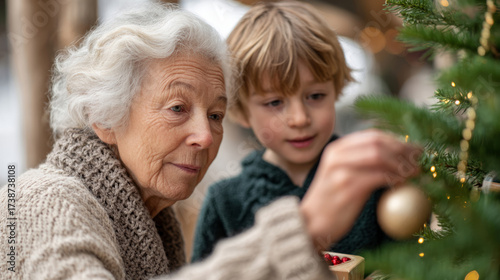 Grandmother hanging garland with curious grandson for christmas decoration