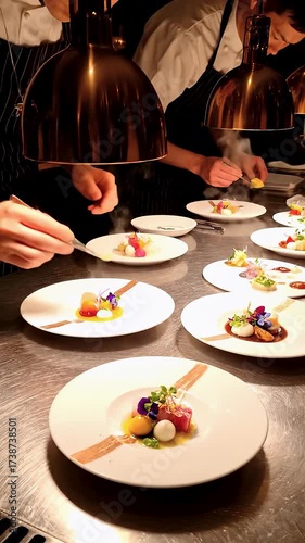 Talented team of chefs preparing and decorating gourmet meals with precision on white plates in a busy professional kitchen, adding final touches before serving the exquisite culinary creations