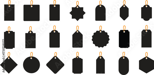 Black price tags in various geomertric shapes