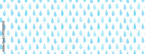 Pattern of crayon rain . Seamless pattern of hand drawn blue raindrops on white background. Textured, sketchy pencil drops.