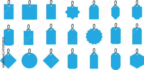 Collection of various blue tag shapes with hanging loops